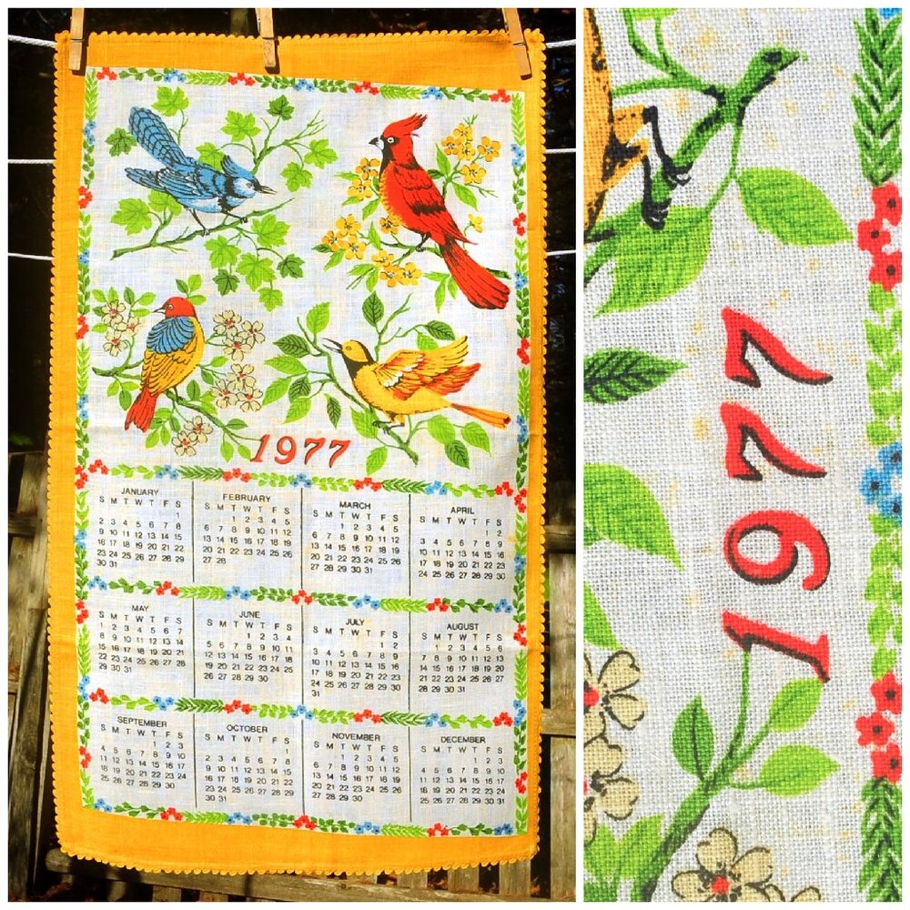 VTG 1977 Garden Songbirds on Flowering Branches Calendar Towel Crochet Edge